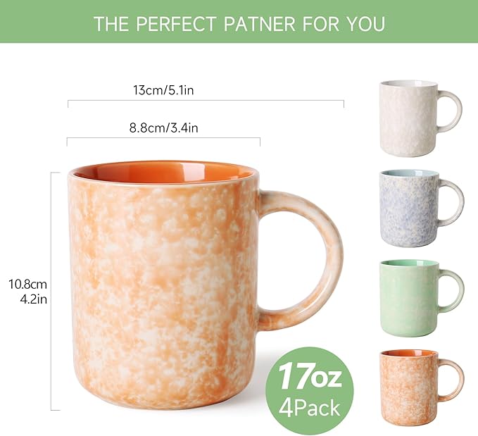 Speckled ceramic coffee mug with handle; set shows orange, white, blue, and green mugs