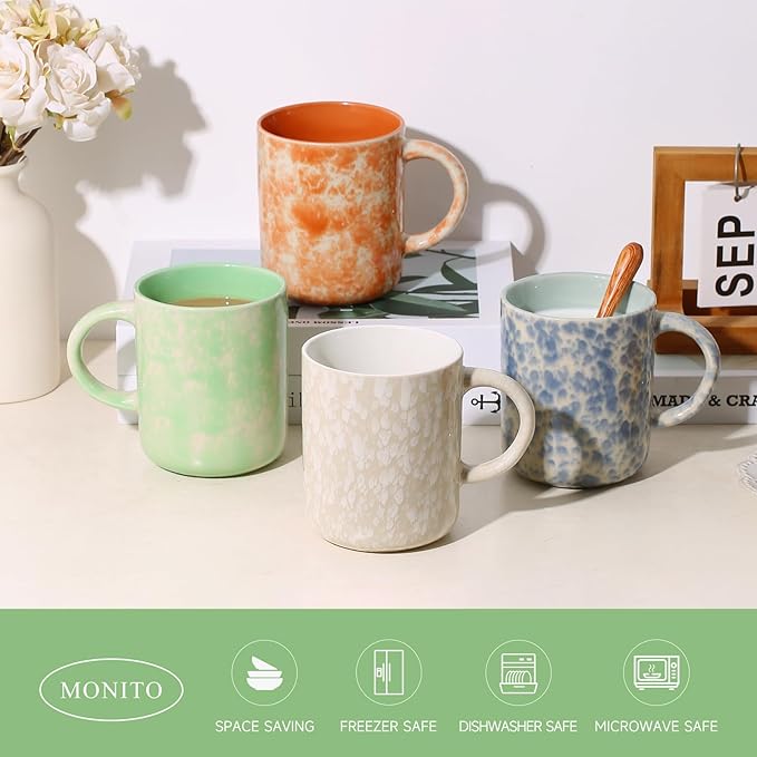 Ceramic coffee mug set of four with speckled orange, white, mint, and blue finishes