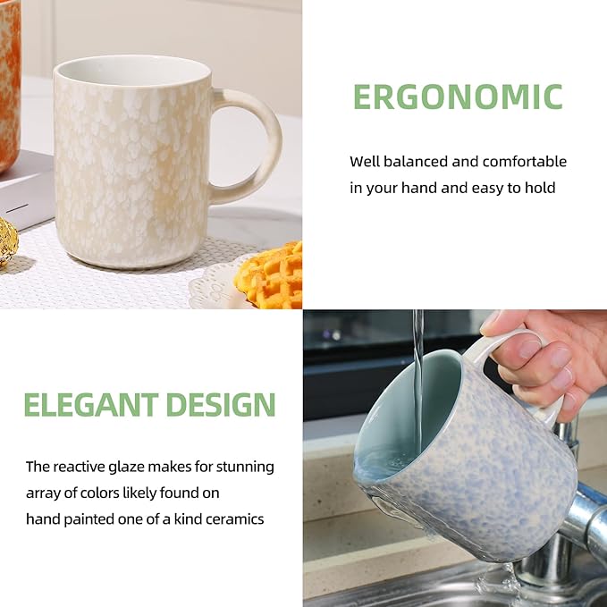 Ceramic coffee mug with white speckled reactive glaze and curved handle