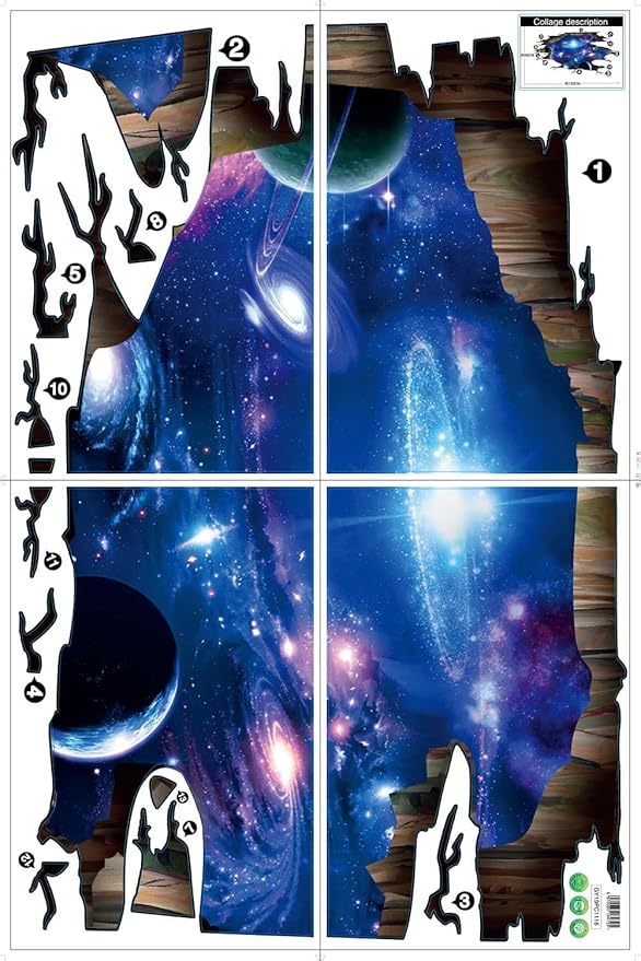 3D Cosmic Galaxy Wall Decals – New Galaxy Blue Space Wall Stickers | Milky Way Planet Mural | 4 Sheets | Boys Bedroom & Kids Room Decor