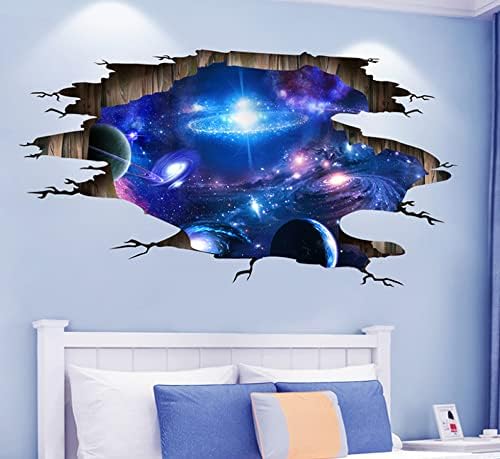 3D Cosmic Galaxy Wall Decals – New Galaxy Blue Space Wall Stickers | Milky Way Planet Mural | 4 Sheets | Boys Bedroom & Kids Room Decor