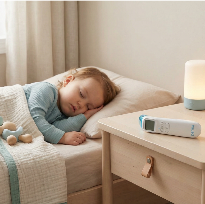 DIGITAL THERMOMETER ON KIDS BEDSIDE TABLE