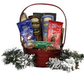 Small Christmas gift basket with red handle, wrapped chocolate and cookie assortments