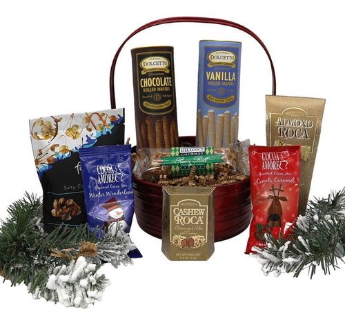 Small Christmas gift basket with red bucket, chocolate bars, cookies, and almond candy