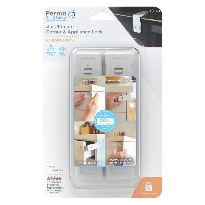 Adhesive Ultimate Corner & Appliance Lock - 4 Pack - Perma Child Safety