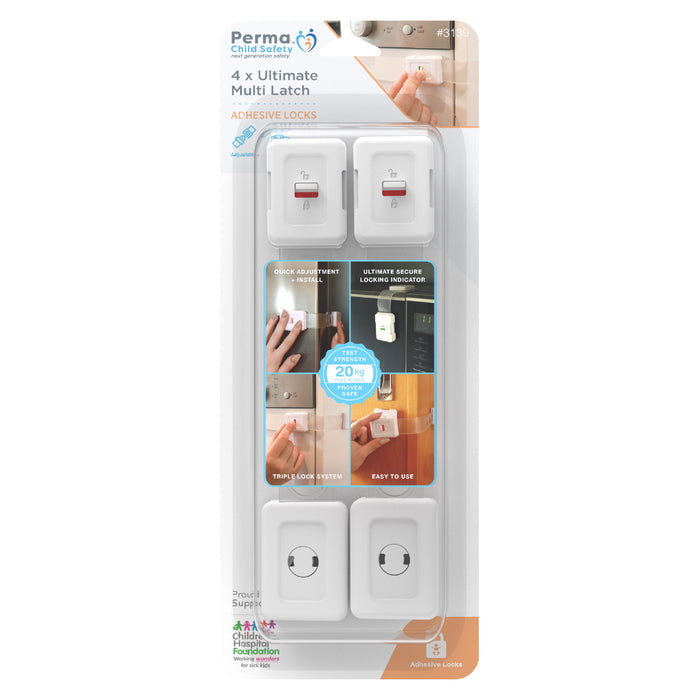 Adjustable + Adhesive Ultimate Multi Latch - 4 Pack - Perma Child Safety