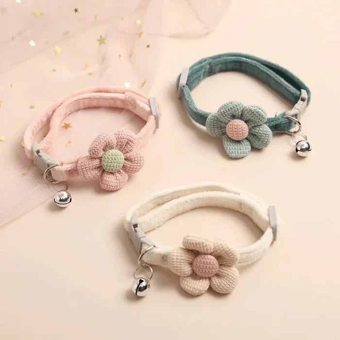 Adjustable pet cat collars with crocheted flowers and bell charms, pink and teal and cream