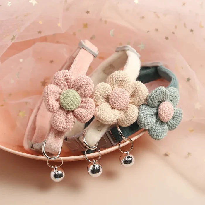 Adjustable cat collars with crocheted flower details and round bell charms, mixed colors