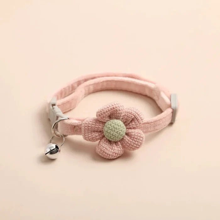 Adjustable pet cat collar in light pink with fabric flower and round bell charm