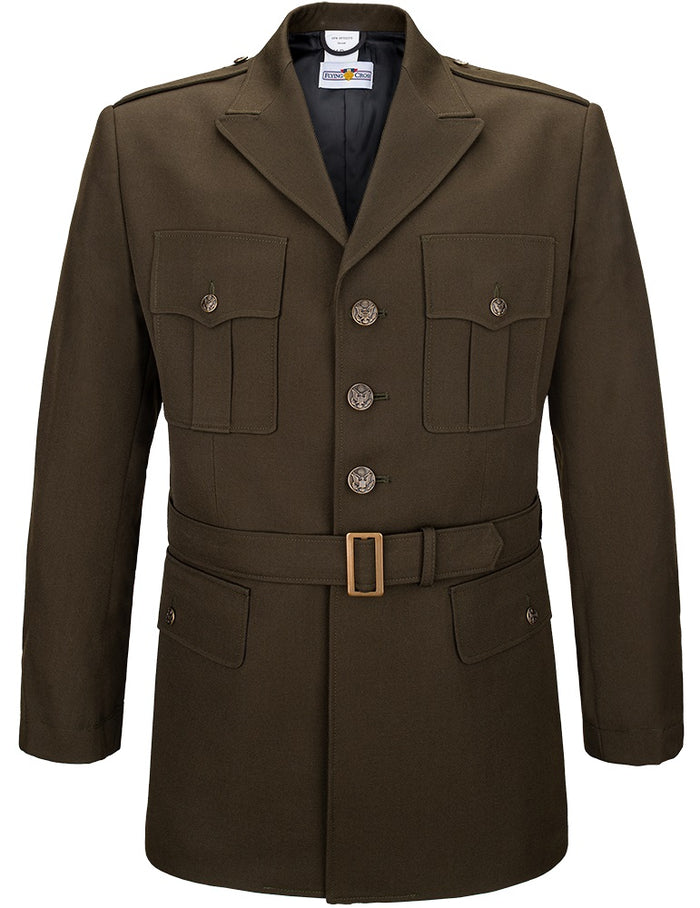 Flying Cross olive-green US Army officer's jacket features brass buttons a belted waist and flap pockets