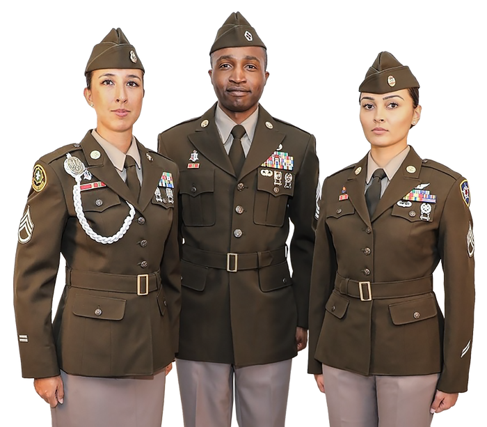 Photograph of three US Army soldiers in olive green service uniforms with numerous medals and insignia, against a white backdrop.