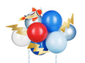 Airplane and lightning balloon bouquet with blue, red, and white balloons