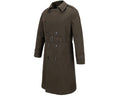 Product shot of a dark olive green military-style trench coat featuring a belted waist, double-breasted closure, and epaulets on the shoulders