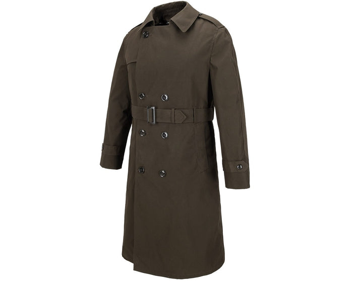 Product shot of a dark olive green military-style trench coat featuring a belted waist, double-breasted closure, and epaulets on the shoulders