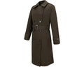 Product shot of a dark olive green double-breasted belted trench coat with black buttons and epaulets on the sleeves against a white background