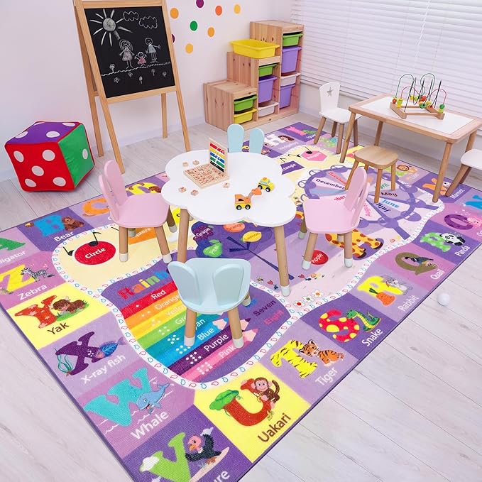 Kids purple alphabet animal rug with curved paths and non-slip backing, 3x5 size.