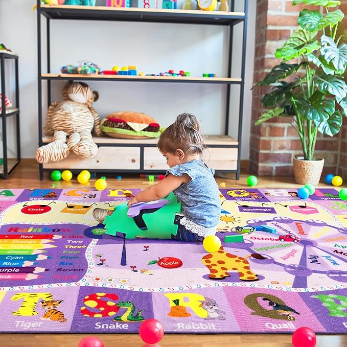 Kids purple educational rug with animals, letters, and numbered color bands for play.