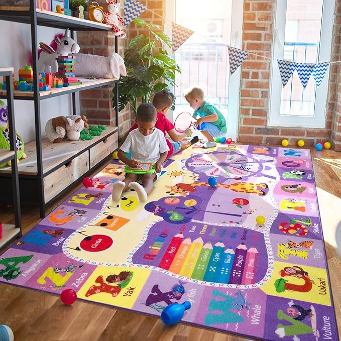 Kids purple playroom rug with alphabet, animal illustrations, and bright color blocks.