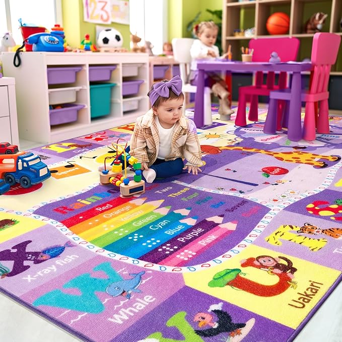 Kids purple alphabet animal rug with colorful letter and number bands across the play area.