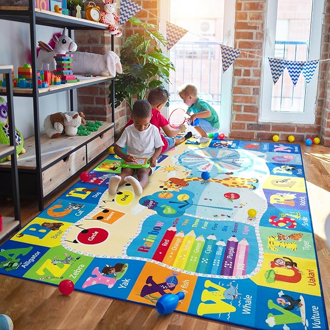 Blue kids ABC alphabet and animal learning play rug with numbered paths