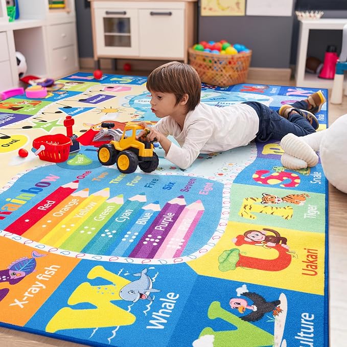Blue kids learning rug with letters, animals, and multicolor number path border