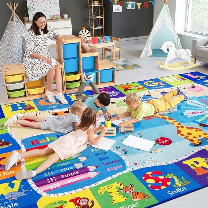 Blue alphabet and animal kids play mat with rainbow color bands and curved track