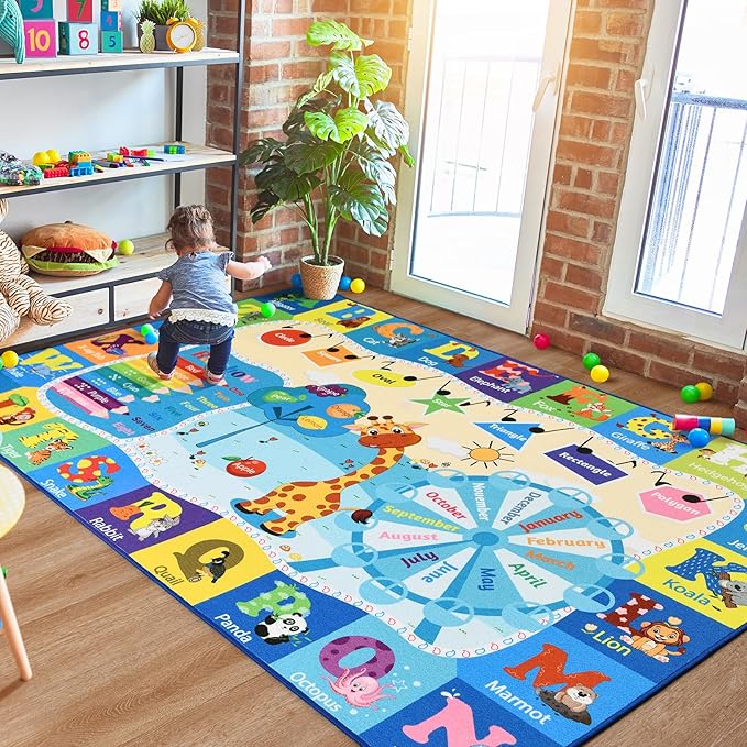 Blue kids learning rug with animal illustrations, ABC labels, and circular wheel design