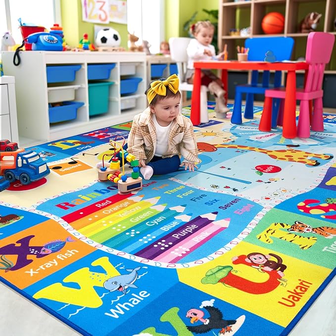 Blue ABC alphabet animal play rug with multicolor number segments and curved track