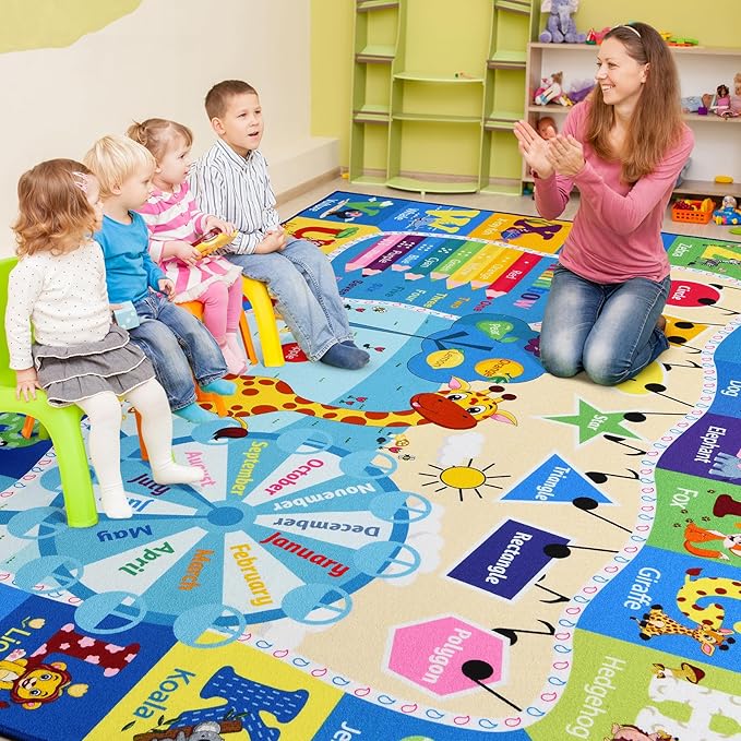 Blue kids educational play rug with alphabet words, animal pictures, and circular road