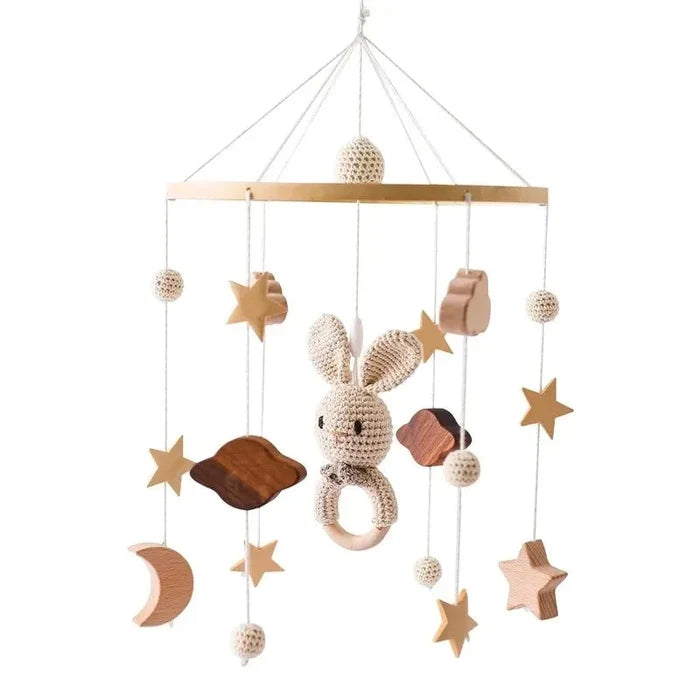 Baby Crib Mobile & Music Box – Rotating Crochet Animal Mobile, Music Motor & Wooden Arm | Nursery Soothing Toy | 0–12 Months Baby Gift