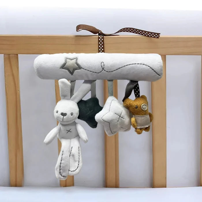 Baby Stroller Hanging Toy – Plush Rabbit, Bear & Star Set with Spiral Cord & Clip | Crib, Car Seat & Pram Mobile | Newborn Baby Shower Gift
