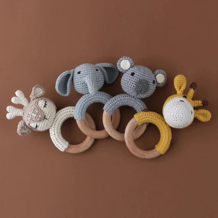 Baby Wooden Teether Crochet Rattle Toy – BPA Free | 38 Animal Designs | Newborn Infant Sensory Toy | Baby Shower Gift