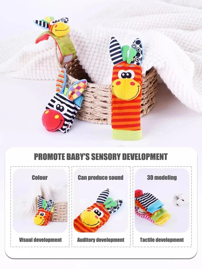 Baby Wrist Rattle & Foot Finder Sock Set – 4 Pieces | Soft Sensory Toy | 0–12 Months Boys & Girls | Newborn Baby Shower Gift