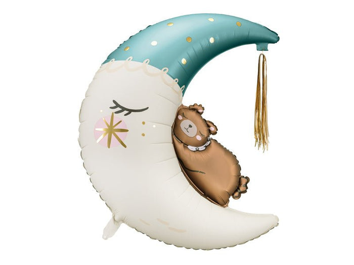 Moon balloon with teddy bear, teal top and white crescent, with gold fringe