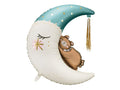 Moon balloon with teddy bear, teal top and white crescent, with gold fringe
