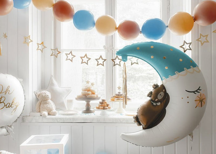 Large moon balloon with sleepy teddy bear, teal accents and gold string tassel