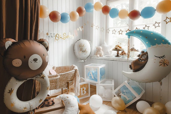 Moon balloon with teddy bear and small star decals, teal scalloped top on white