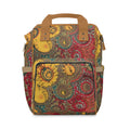 Boho Sunflower & Paisley Diaper Backpack – Warm Earth Tones Psychedelic Print | Cognac Handles | Large Capacity Nappy Bag | Bohemian Baby Shower Gift