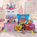 Unicorn gift tower with unicorn top box, pastel stack and candies: CHARMS, M&M's, Skittles