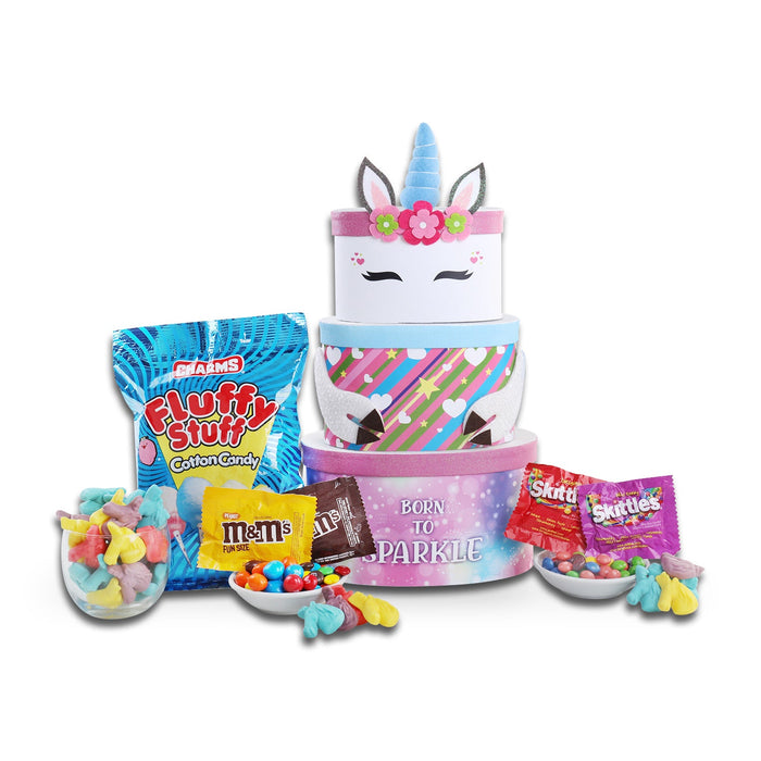 Unicorn gift tower with unicorn hat box, CHARMS Fluffy Stuff, M&M's and Skittles