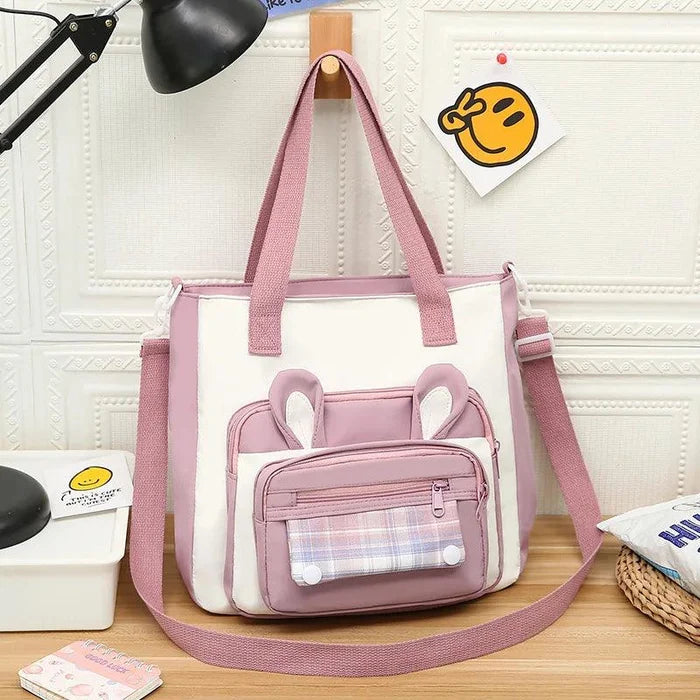 Pink and white bunny-ear tote shoulder bag with front plaid pocket and crossbody strap