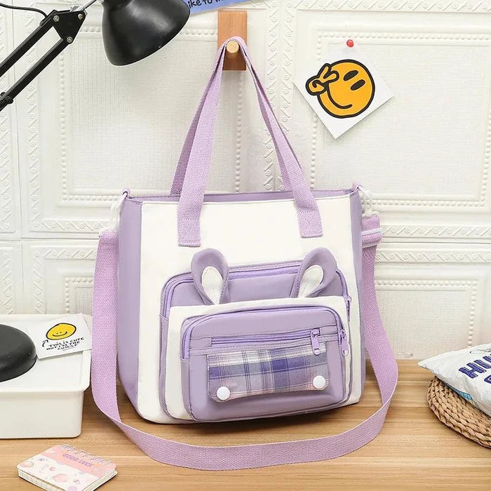 Lavender bunny-ear tote shoulder bag with front plaid pocket and adjustable shoulder strap