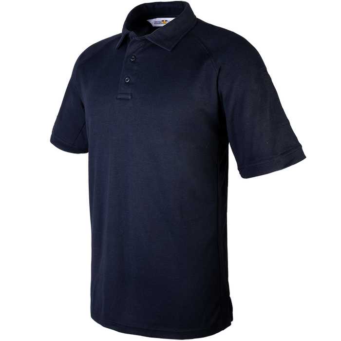 Product shot of a dark navy blue 511 Tactical polo shirt featuring a three button placket and a small logo on the collar showcasing its breathable fabric and reinforced stitching