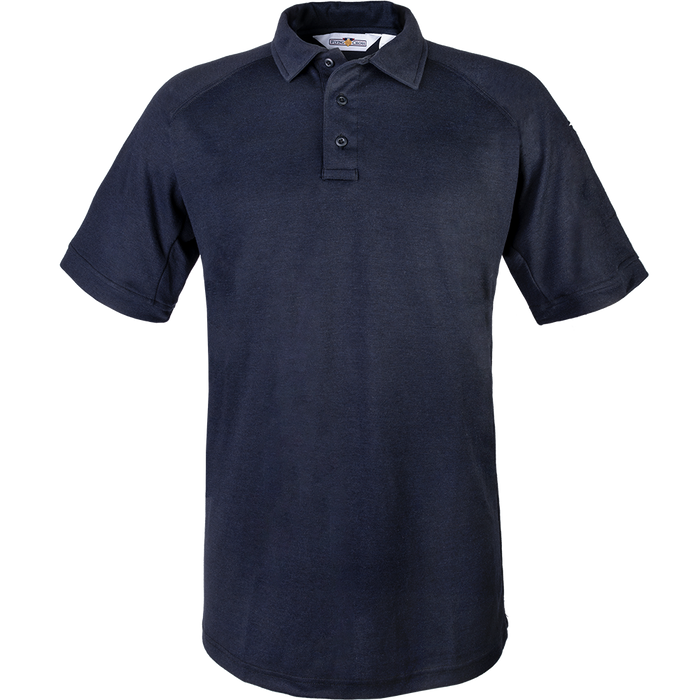 Product shot of a dark-navy 5.11 Tactical polo shirt featuring a three-button placket and short sleeves against a plain white background