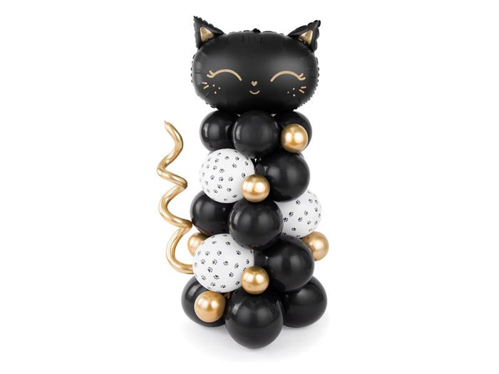 Black cat balloon bouquet with white patterned balloons and gold pearl accents