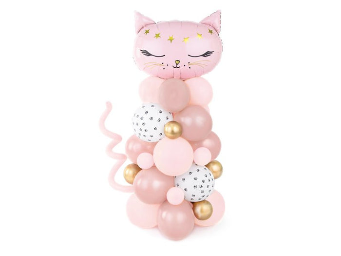 Pink cat balloon bouquet with white speckled balloons and gold pearl accents