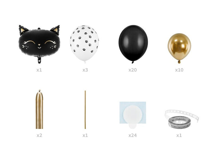 Cat balloon bouquet kit pieces: black cat balloon, white patterned balloon, black and gold balloons