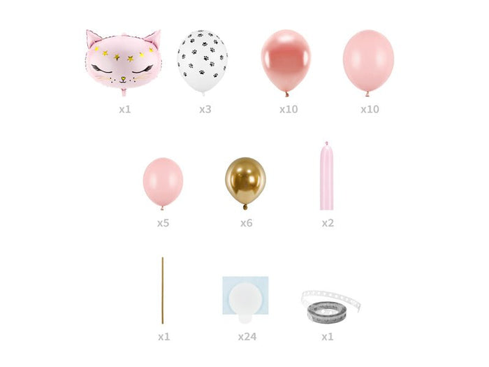Cat balloon bouquet kit in pink: cat face balloon, speckled balloon, pink and gold latex balloons