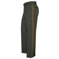Product shot of dark green uniform pants with black and gold side stripes showing a  pleated front and a back pocket detail