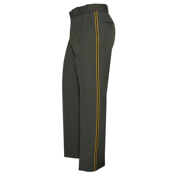 Product shot of dark green uniform pants with black and gold side stripes showing a  pleated front and a back pocket detail